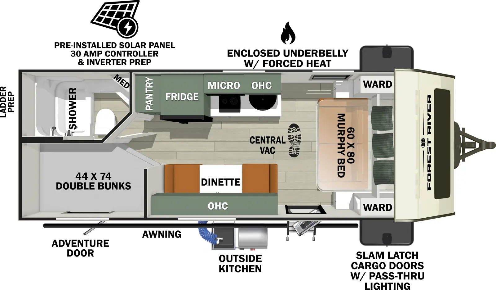 The No Boundaries NB19.3 has one entry and zero slide outs. Exterior features include: fiberglass exterior. Interiors features include: bunk beds and murphy bed.